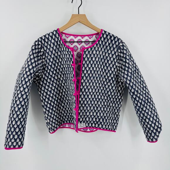 J.Crew x SZ Blockprints Reversible Quilted Jacket Blue White Floral Boho Size L - Picture 2 of 7